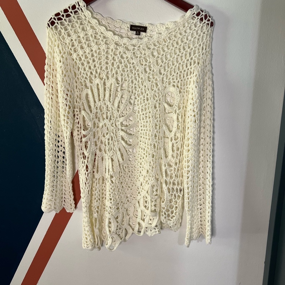 Boutique Crochet Open-Knit Sweater Top - Cream Boho Chic